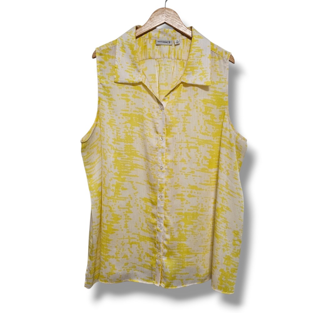 Susan Graver Sleeveless‎ Top 3X Womens Yellow White Button Up Chiffon Collared